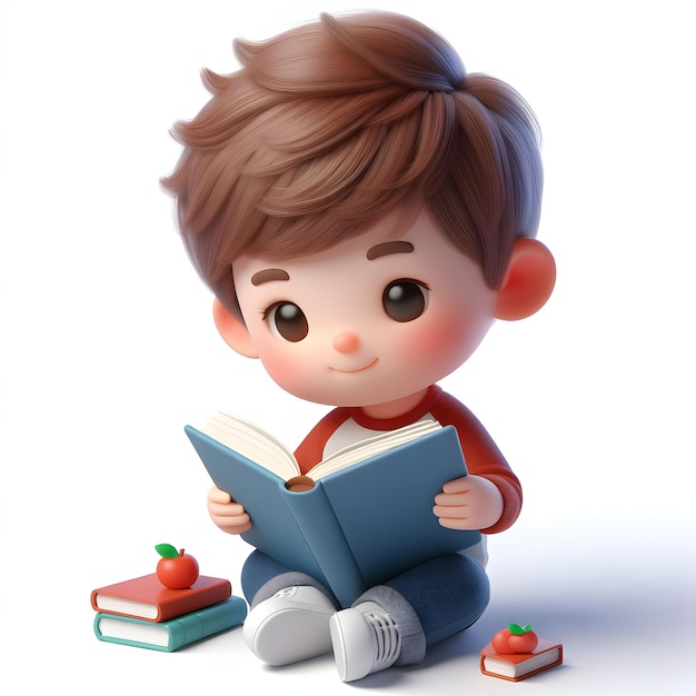 little child reading bookboy reading a book cartoon 3d character isolated on white background