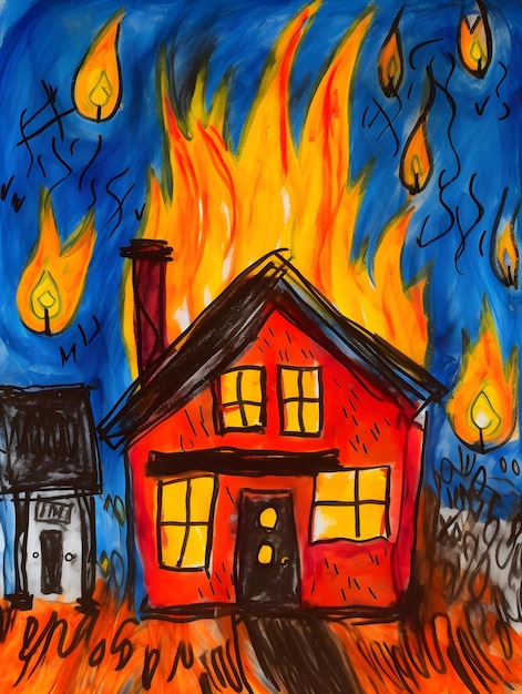 A little child s depiction of a burning house Generative AI