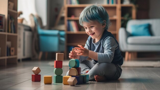 Фото Маленький ребенок сидит на полу, красивый мальчик играет с деревянными кубиками дома.