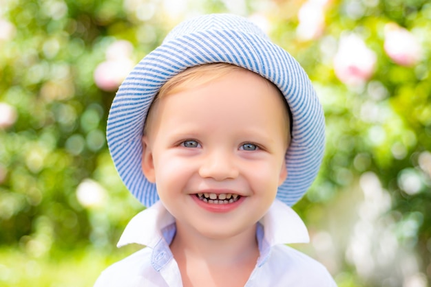 Little child smiling face Enjoy walk Funny boy Close up kids portrait