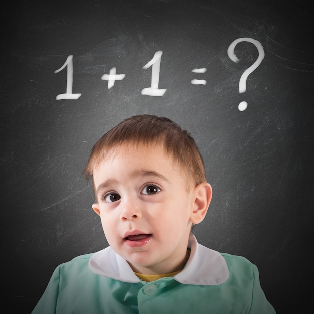 Little child with blackboard with math calculation