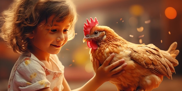 little child with chicken Rhode Island Red chicken Ai Generative