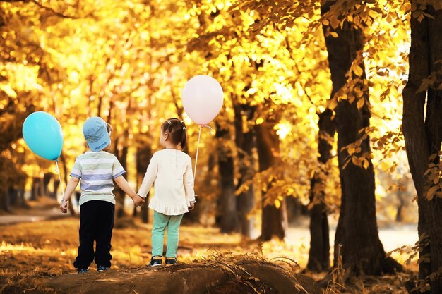 Little children are walking in autumn park