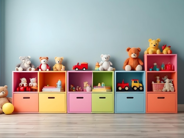 little children boys or girls bedroom furniture interior design with toys and colorful cabinets