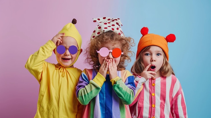 Photo little children in funny disguise on color background april fools day celebration