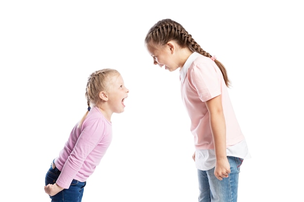 Little children, girlfriends in pink sweaters and jeans shout at each other. Anger and stress. Isolated over white background.