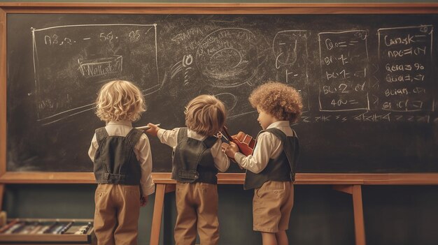 Photo little children near chalkboard at music school