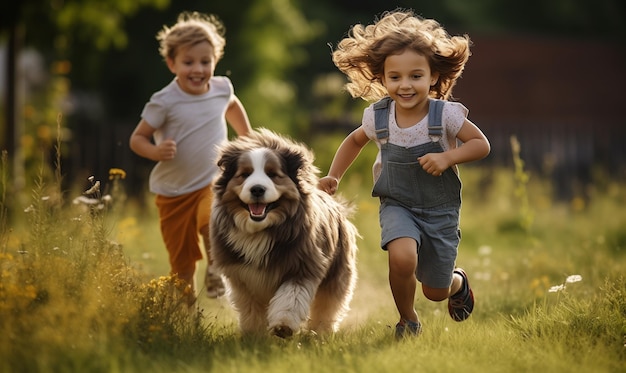 Little children playing in the park with a dog on a sunny day