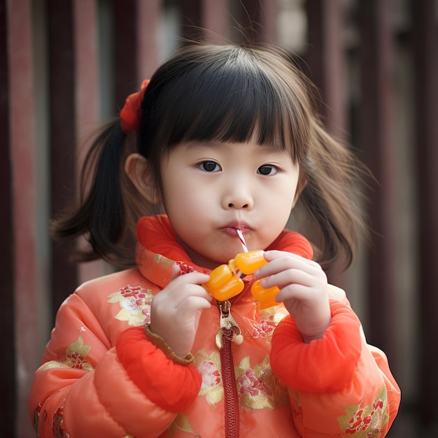 Little Chinese girl in traditional clothing drinking juice