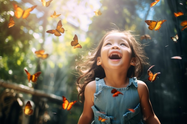 Маленькая китайская девушка с бабочками на открытом воздухе Красивая иллюстрация