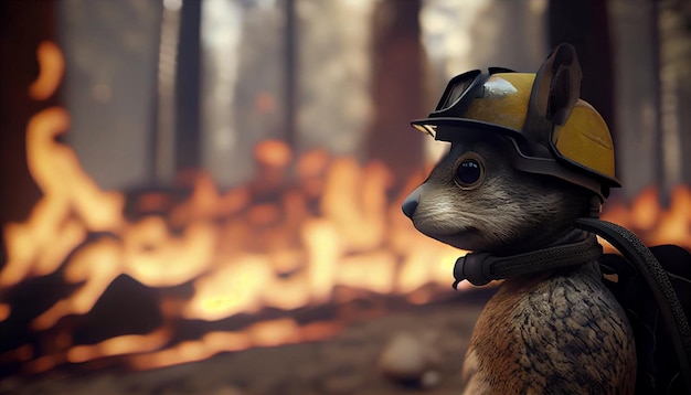 Little chipmunk firefighter in the forest Generative AI