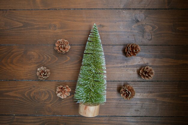 Little Christmas tree and cones on dark wooden background