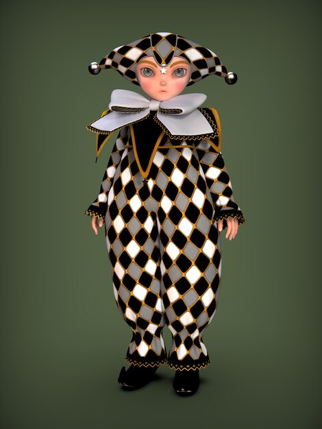 Little clown elf in a black and white suit 3d illustration