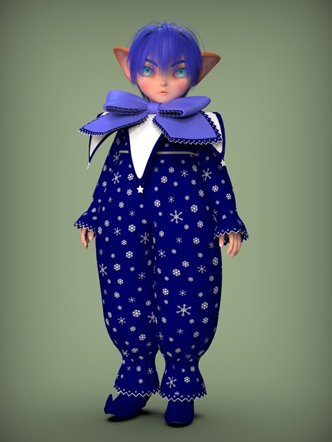 Photo a little clown elf in a blue suit. 3d illustration