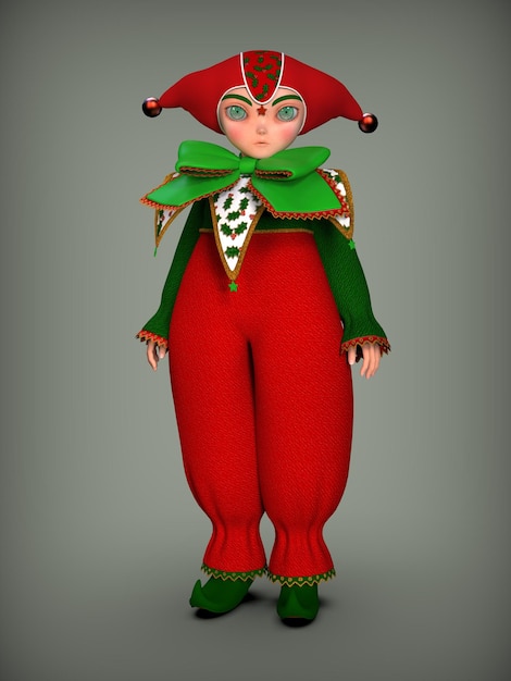 little clown elf in a red and green suit 3d illustration