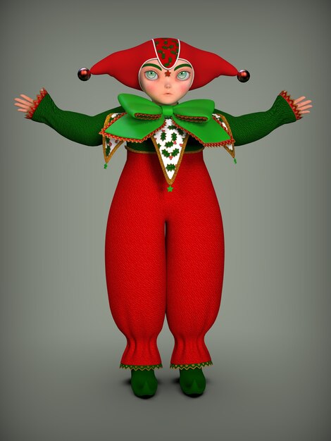 Photo little clown elf in a red and green suit 3d illustration