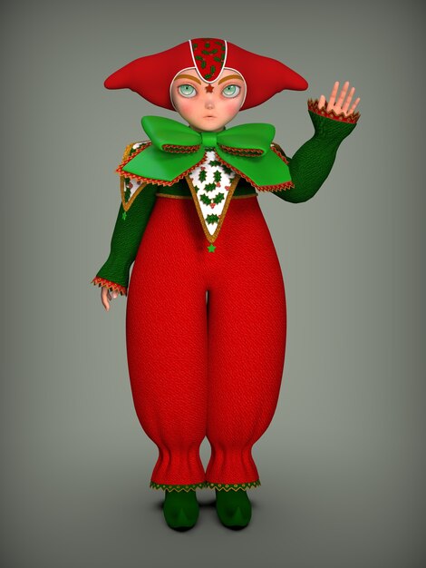 Foto piccolo elfo del pagliaccio in un'illustrazione 3d del vestito rosso e verde