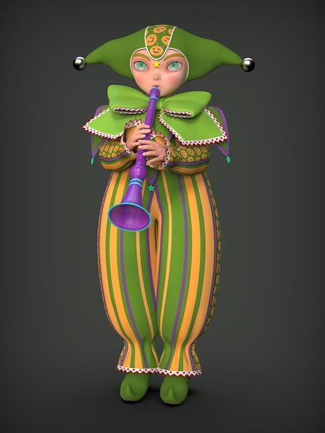 Маленький клоун-эльф в желто-зеленом костюме. 3d иллюстрация
