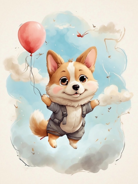 Little corgi pup drawing being carried by the wind