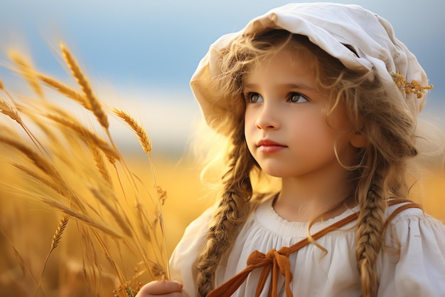 Little country girl gazing over golden wheat fall harvest for card making