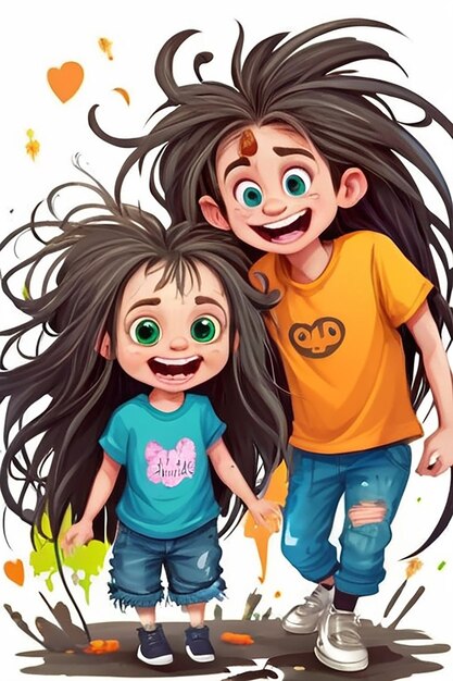 A little crazy girl and boy dressed in a mess with crazy long hair The girl boy is fun funny and smiling