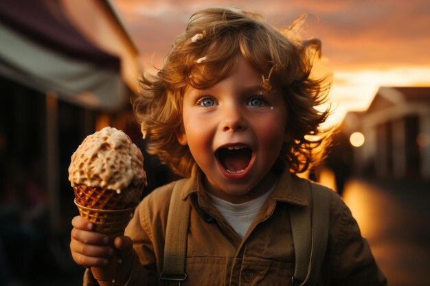 little curly cheerful boy with ice cream