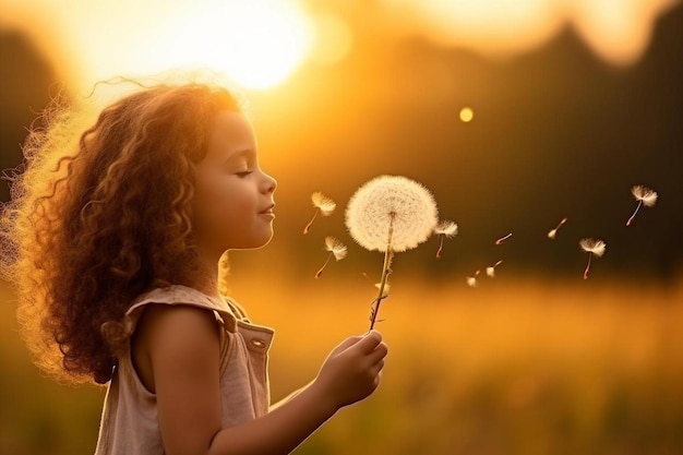 little curly girl blowing dandelion