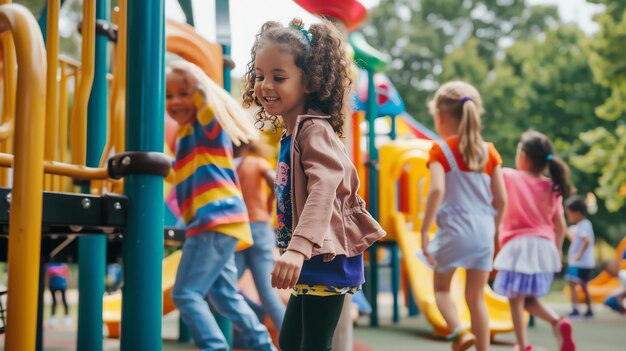 Фото Маленькая кудрявая девочка веселится на игровой площадке она улыбается и выглядит счастливой есть другие дети играют на заднем плане