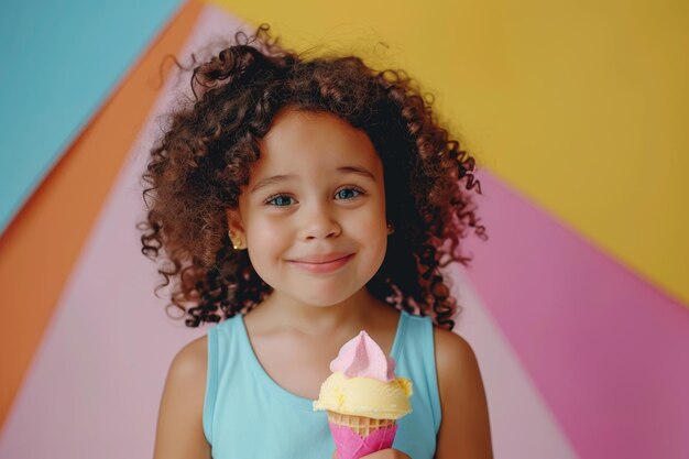 little curly girl with ice cream on colorful background