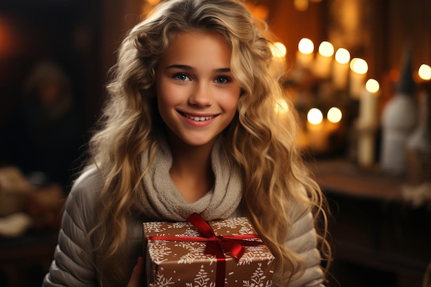 A little curlyhaired girl with a Christmas present and a look of joy and surprise on her face AI generation