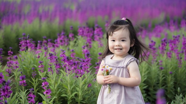 보라색 꽃 들 사이 에 서 있는 귀여운 아시아 소녀