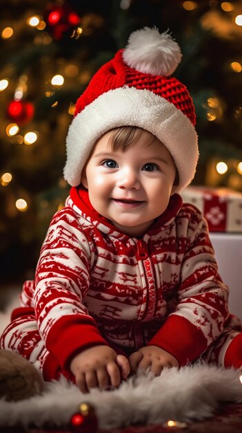 Little cute baby boy in winter body posing in the studio against Christmas backgroun Generative AI