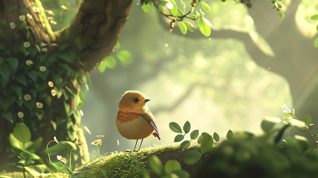 사진 푸른 숲 한가운데의 나가지에 앉아있는 귀여운 작은 새 새는 카메라를 바라보고 배경은 흐릿합니다.