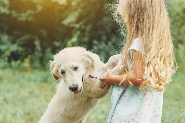 Little cute blond girl playing with her puppy golden retriever in summer in the park.