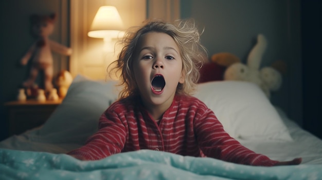 Little cute blond girl in red Christmas pyjamas sitting on a bed with Christmas pill Generative AI
