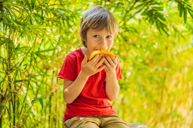 Little cute boy eating mango on the terrace