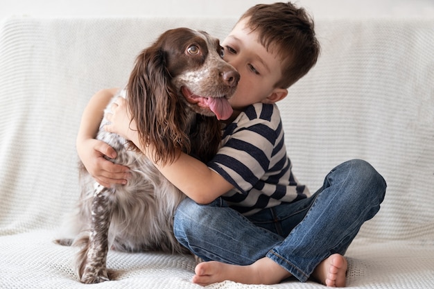 Little cute boy embrace kiss russian spaniel dog chocolate merle different colours eyes. sit on couch. pets care concept.