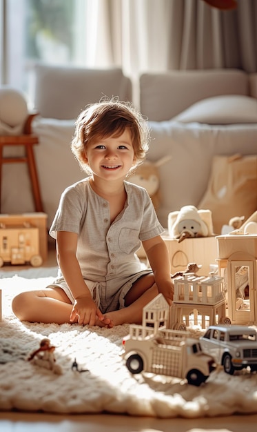 Little cute boy sits playing with toys in living room at home Sunlight entering through window