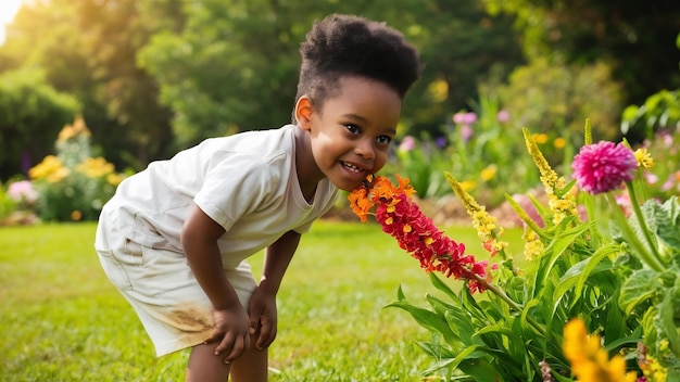 Little cute boy smelling a flower in summer garden and looks happy