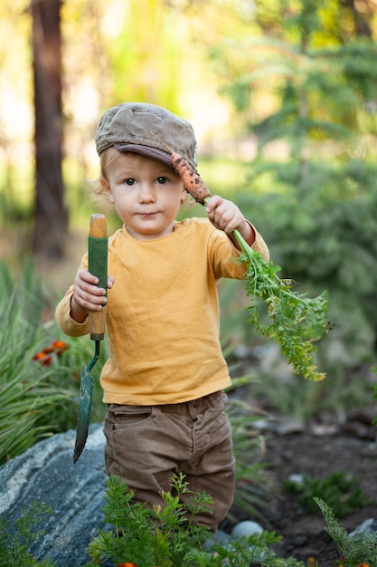 Photo little cute boy with carrot and shovel in the garden