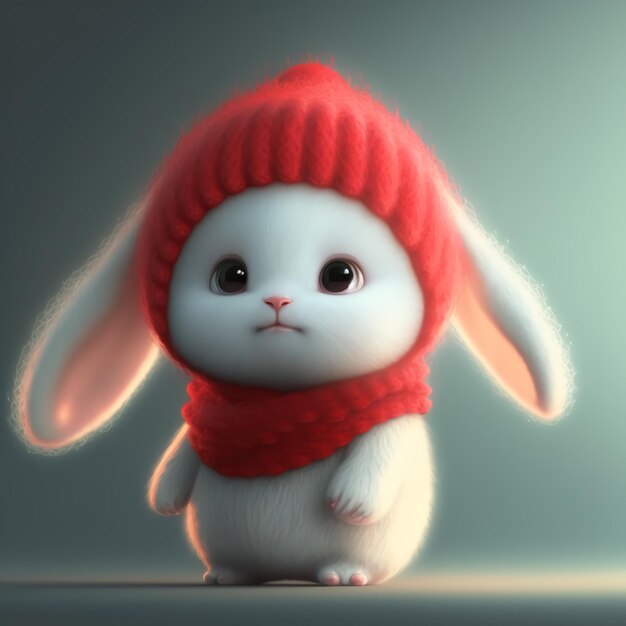 Little cute bunny in a warm winter hat and sweater Rabbit symbol of 2023 AI generated illustration