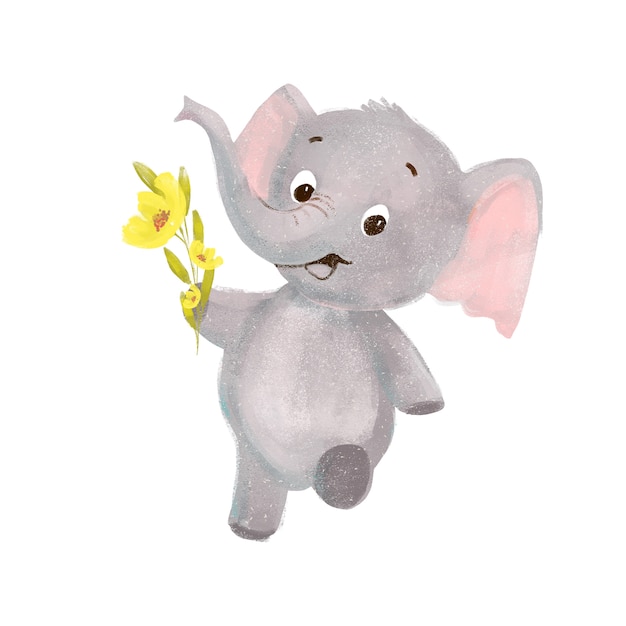 Little cute cartoon elephant with flowers