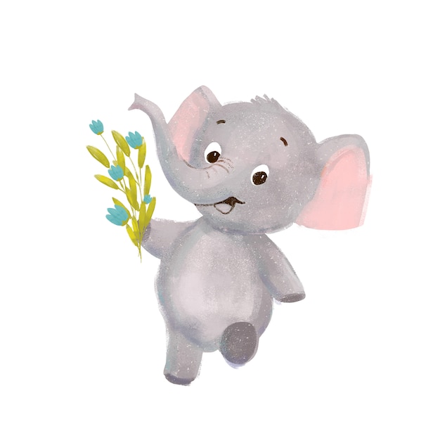 Little cute cartoon elephant with flowers