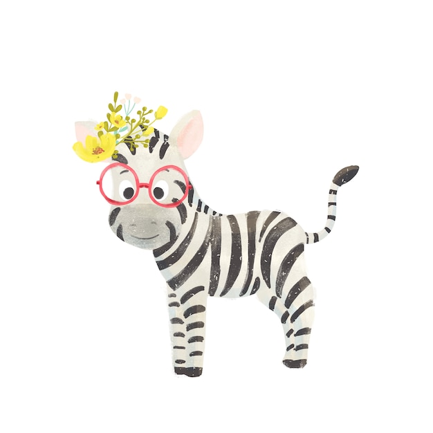 Little cute cartoon zebra with a wreath and glasses