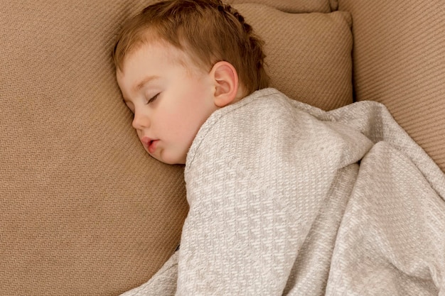 Little, cute caucasian boy sleeping on couch at home. Child taking day nap. Kid resting, relaxing. Sweet dreams, daily routine, healthy peaceful sleep. Cozy interior.