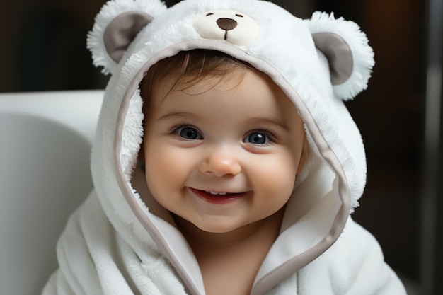 Фото Маленький милый ребенок в полотенце в ванной.
