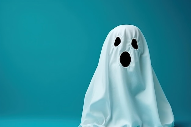 Little cute child with white dressed costume Halloween ghost scary, studio shot isolated on blue background