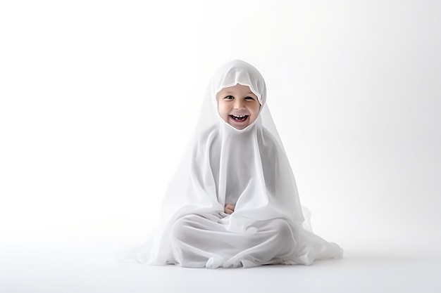 흰색 옷을 입은 할로윈 유령 무서운 의상을 입은 작은 귀여운 아이, 흰색 배경에 격리된 스튜디오 샷