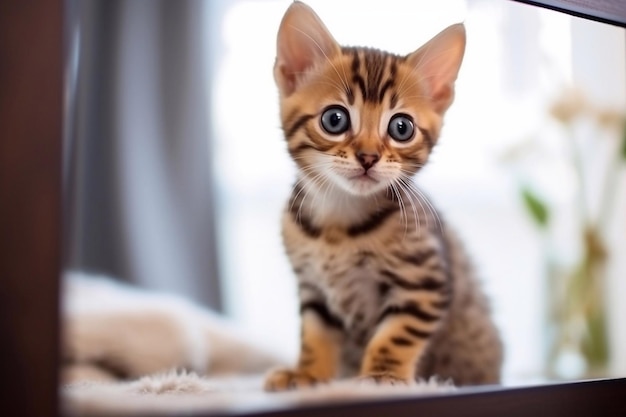 Little cute curious bengal kitten looking into the mirror of a wodrobe indoors