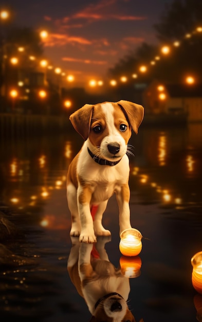 Little cute dog on glowing background generative AI